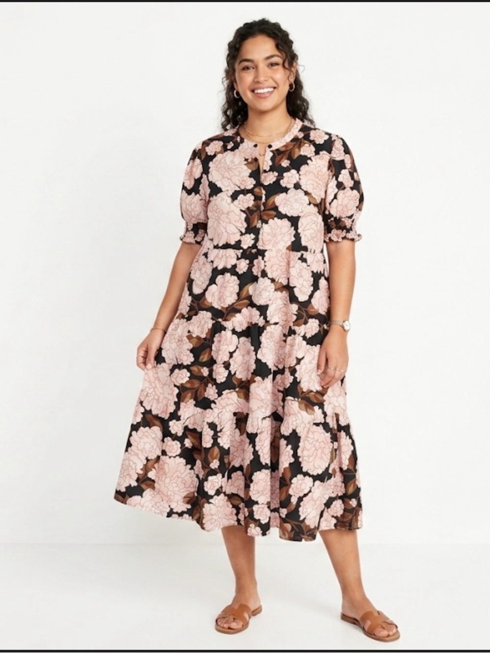 Who What Wear Floral Tiered Maxi Dress XXL Black Pink Cotton Midi Puff Sleeve